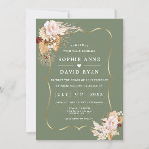 Gold Sage Green Floral Fall All In One Wedding Invitation