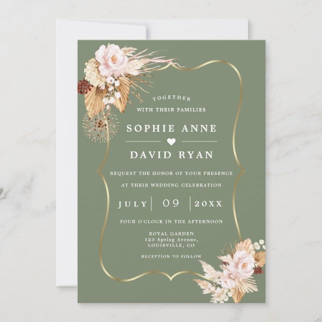 Gold Sage Green Floral Fall All In One Wedding Invitation (Front)