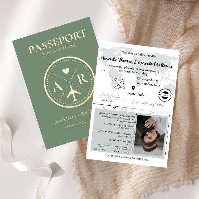 Gold & Sage Green Passport  Wedding Invitation (Creator Uploaded)