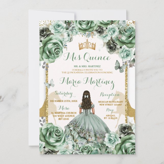 Gold Sage Green Princesa Quinceañera Flowers Invitation (Front)