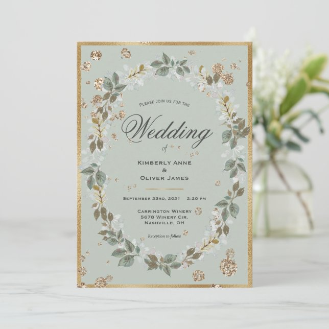 Gold Sage Green Watercolor Floral Wedding Invitation (Standing Front)