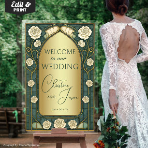 Gold Sage Stained Glass Floral Wedding Welcome  Acrylic Sign
