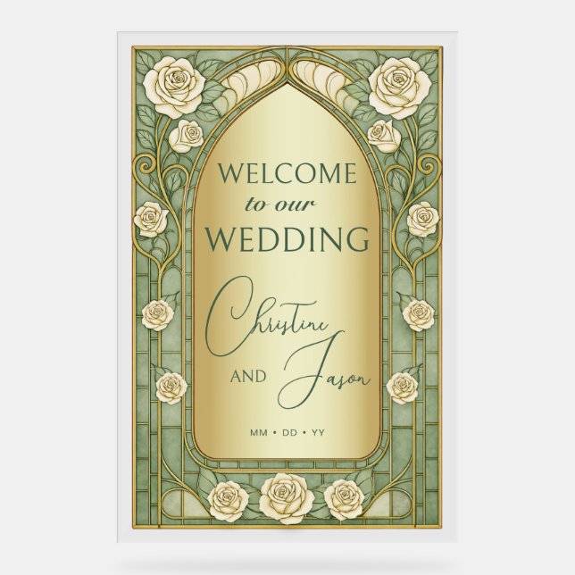 Gold Sage Stained Glass Floral Wedding Welcome  Acrylic Sign (Front)