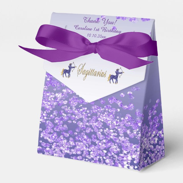 Gold Sagittarius & Purple Glitter Birthday Favour Box (Front Side)