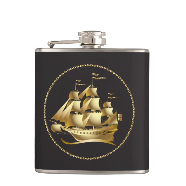 Gold Sailboat Nautical Hip Flask (Front)