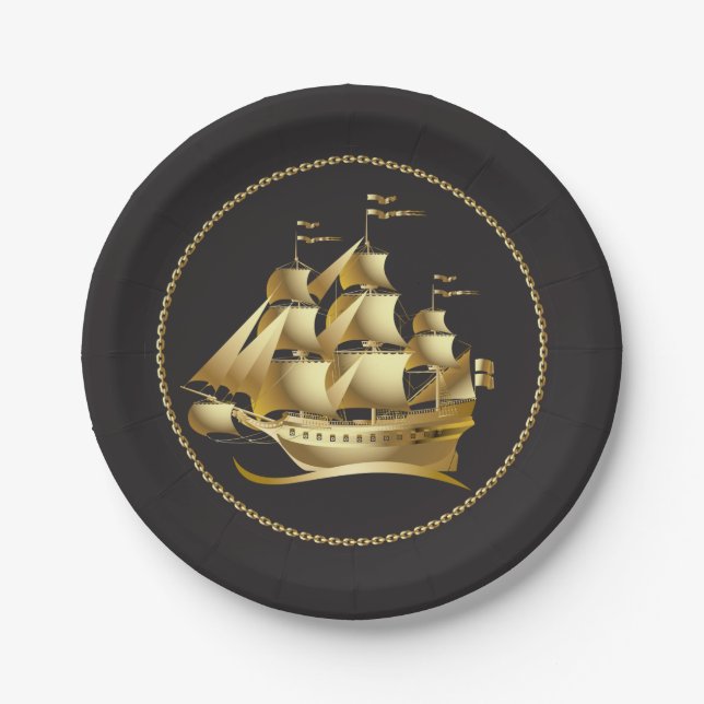 Gold Sailboat Nautical Paper Plate (Front)