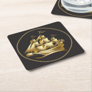 Gold Sailboat Nautical Square Paper Coaster