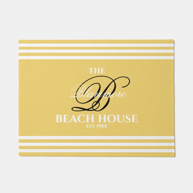 Gold Sand White Stripes Black Initial Name Outside Doormat (Front)