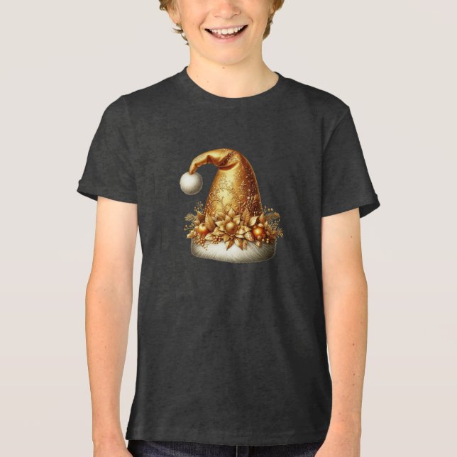 Gold Santa Hat Boys T-Shirt Tri-Blend Shirt (Front)