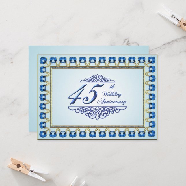 Gold Sapphire Blue 45th Wedding Anniversary Invitation (Front/Back In Situ)