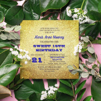 Gold & Sapphire Blue Sparkly Sweet 16 Invitation