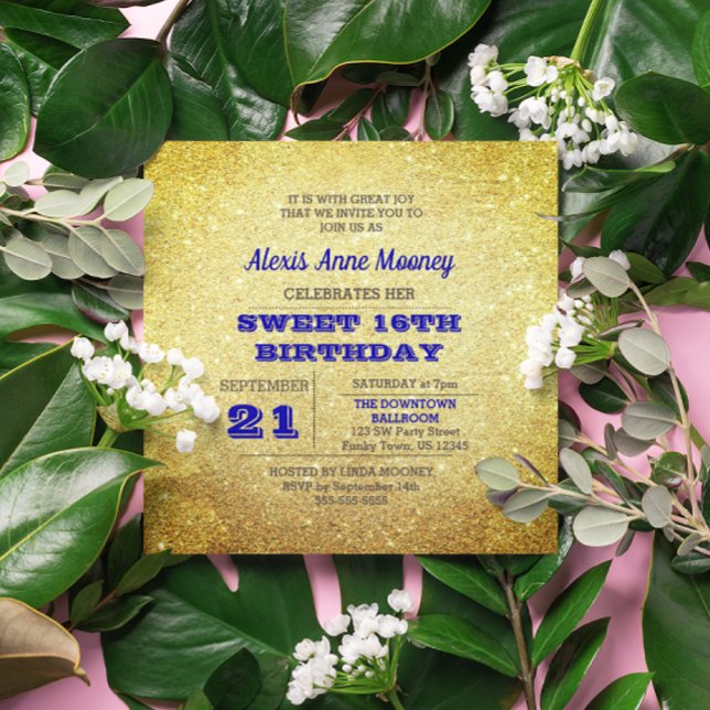 Gold & Sapphire Blue Sparkly Sweet 16 Invitation (Creator Uploaded)