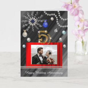 Gold Sapphire Glitter Gem 5th Wedding Anniversary  Card