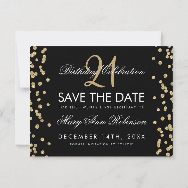 Gold Save the Date 21st Birthday Confetti Black (Front)