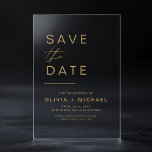 Gold Save the Date Elegant Minimalist Script Acrylic Invitations<br><div class="desc">"Gold Save the Date Elegant Minimalist Script Acrylic Invitation" is a stylish and sophisticated choice for announcing your special day. This modern acrylic design features luxurious gold script on a sleek, transparent background, creating a timeless and elegant aesthetic. Perfect for couples who appreciate minimalist beauty with a touch of glamour,...</div>