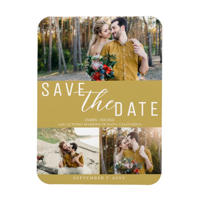 Gold Save the Date Wedding 3 Photos Magnet (Vertical)