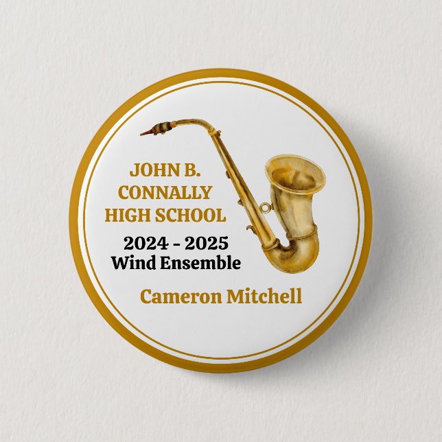 Gold Saxophone Player Personalised Band 6 Cm Round Badge (Front)