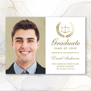 Gold Scales of Justice Law White Graduation Announcement