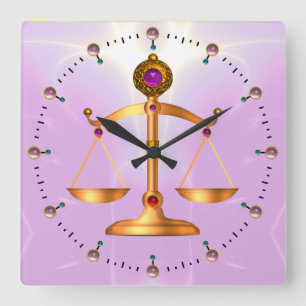 GOLD SCALES OF LAW WITH GEM STONES ,Justice Symbol Square Wall Clock