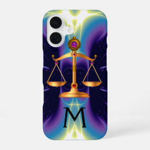GOLD SCALES OF LAW WITH GEM STONES MONOGRAM iPhone 16 CASE