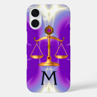 GOLD SCALES OF LAW WITH GEM STONES MONOGRAM Pink iPhone 16 Case