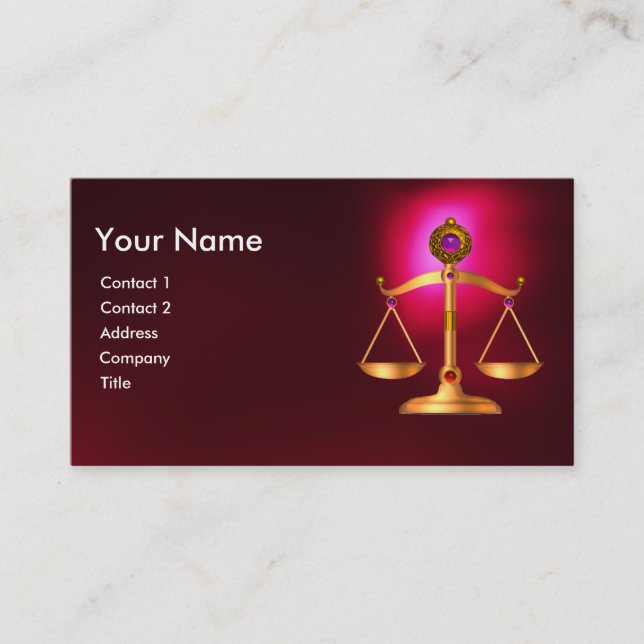 GOLD SCALES OF LAW WITH GEM STONES MONOGRAM Red Business Card (Front)