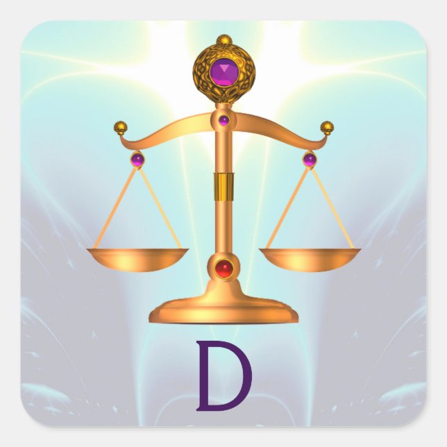 GOLD SCALES OF LAW WITH GEM STONES MONOGRAM SQUARE STICKER (Front)
