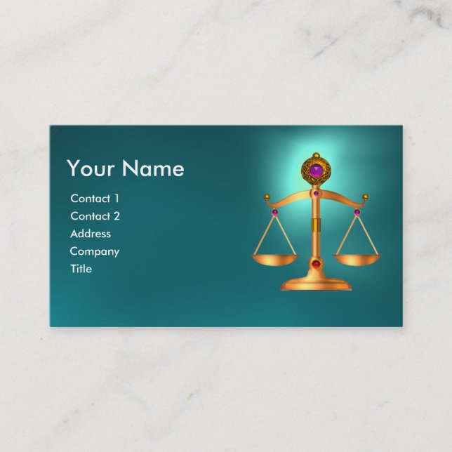GOLD SCALES OF LAW WITH GEM STONES MONOGRAM Teal Business Card (Front)
