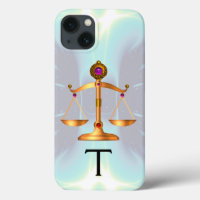 GOLD SCALES OF LAW WITH GEM STONES MONOGRAM Teal
