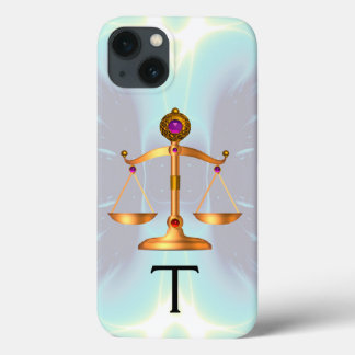 GOLD SCALES OF LAW WITH GEM STONES MONOGRAM Teal iPhone 13 Case