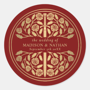 Gold Scarlet Royal Mediaeval Sword Wedding  Classic Round Sticker