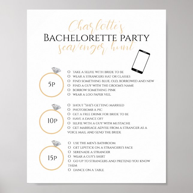 Gold Scavenger Hunt Bachelorette Party Photo Game Poster (Front)