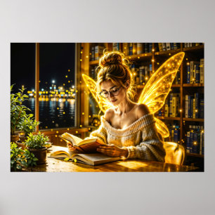 Gold scholarly fairy golden wings cosy library poster