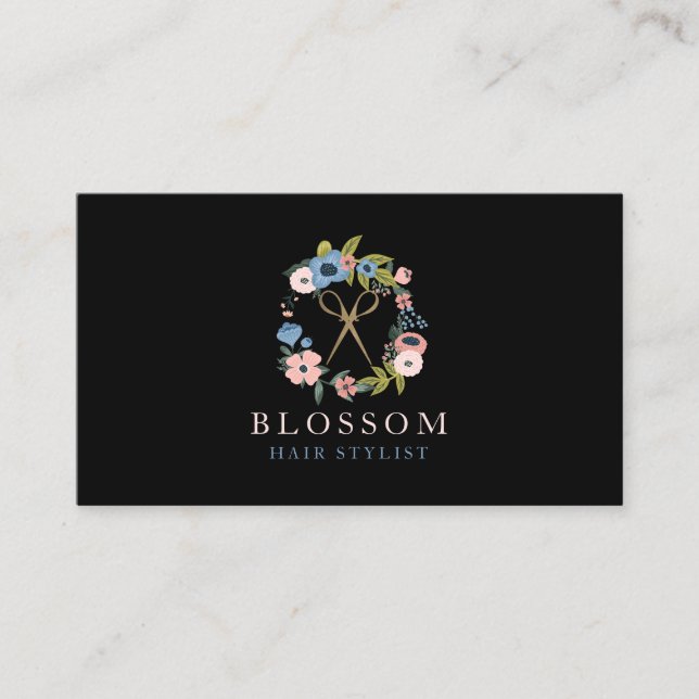 Gold Scissor Floral Wreath Logo Hair Stylist Salon Business Card (Front)