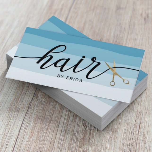 Gold Scissor Typography Blue Shades Hair Stylist Business Card (Creator Uploaded)