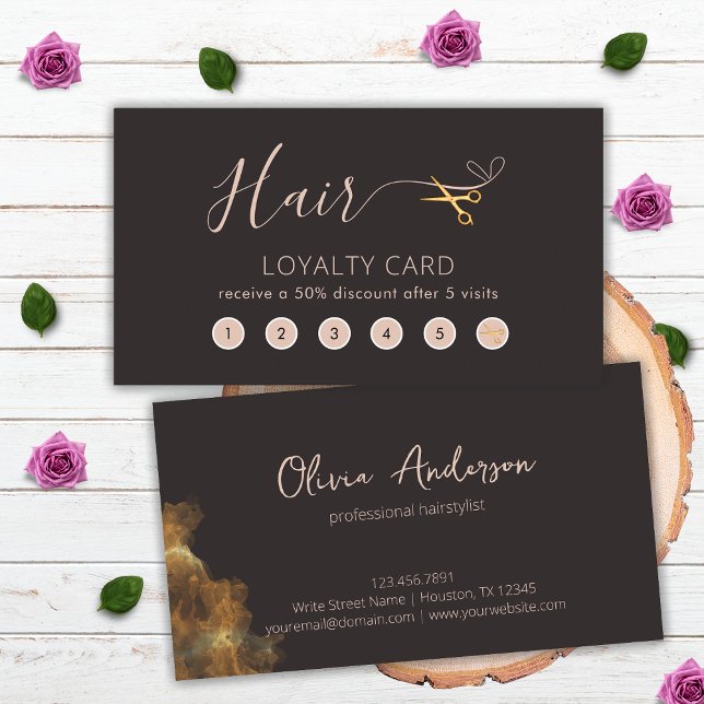 Gold Scissors Dark Grey Hairstylist Beauty Salon Loyalty Card (Front and Back)