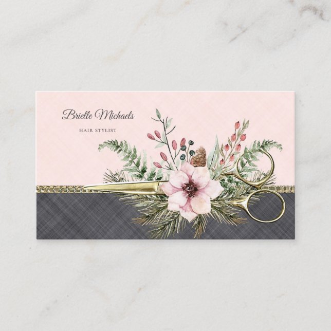 Gold Scissors Floral Pink Grey Linen Hair Stylist Business Card (Front)