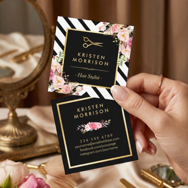 Gold Scissors Flowers Hair Stylist Beauty Salon Square Business Card (Creator Uploaded)