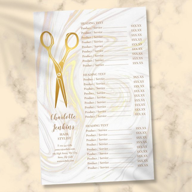 Gold Scissors Hair Stylist Marble Service Menu (Gold Scissors Hair Stylist Marble Service Menu Flyer)