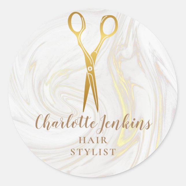 Gold Scissors Hair Stylist Marble Swirls Classic Round Sticker (Front)
