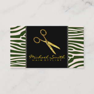 Gold Scissors Hair Stylist Modern Zebra Skin #10 Business Card