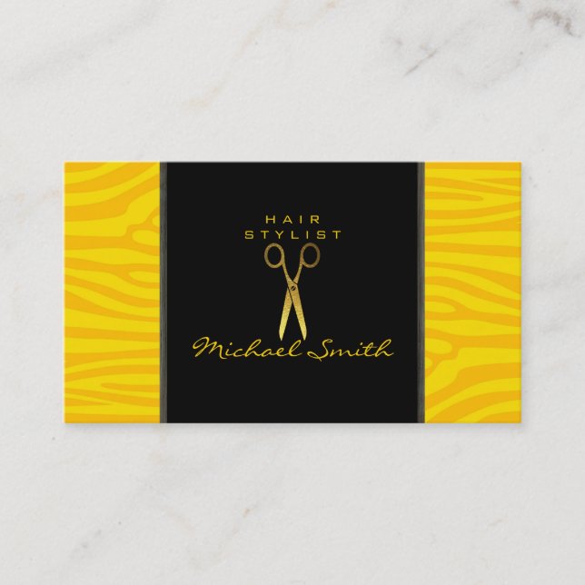 Gold Scissors Hair Stylist Modern Zebra Skin #67 Business Card (Front)