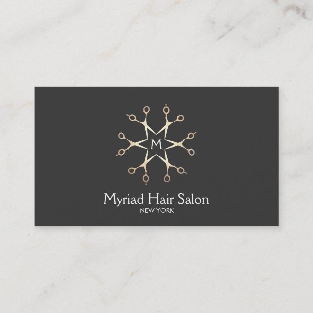 Gold Scissors Logo Hair Stylist Black Monogram Business Card (Front)