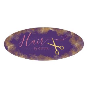 Gold Scissors Purple Hair Cut Beauty Salon Elegant Name Tag