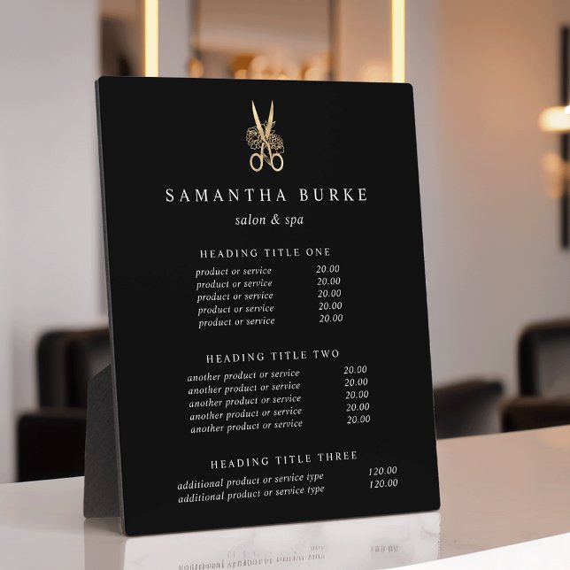 Gold Scissors Salon Pricing/Services Display Plaque (Creator Uploaded)
