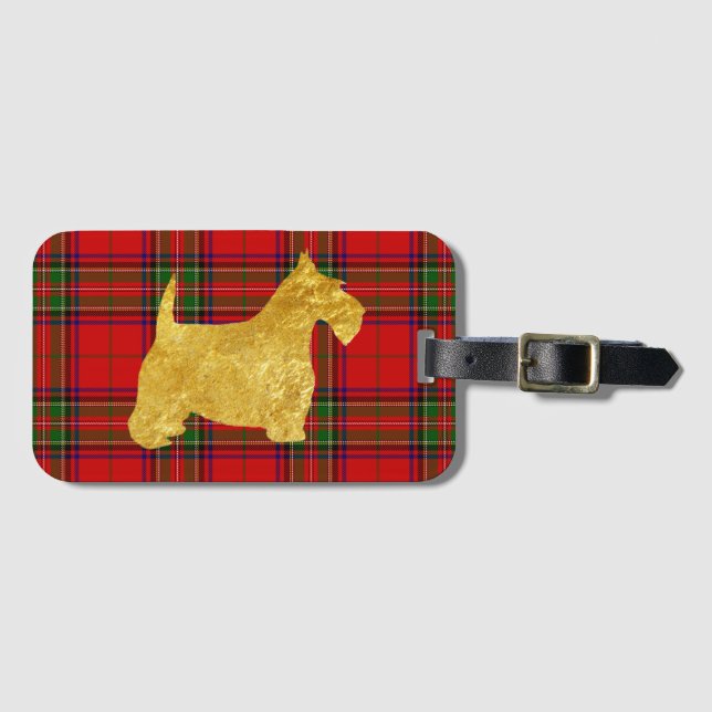 Gold Scottish Terrier on Plaid Luggage Tag (Front Horizontal)