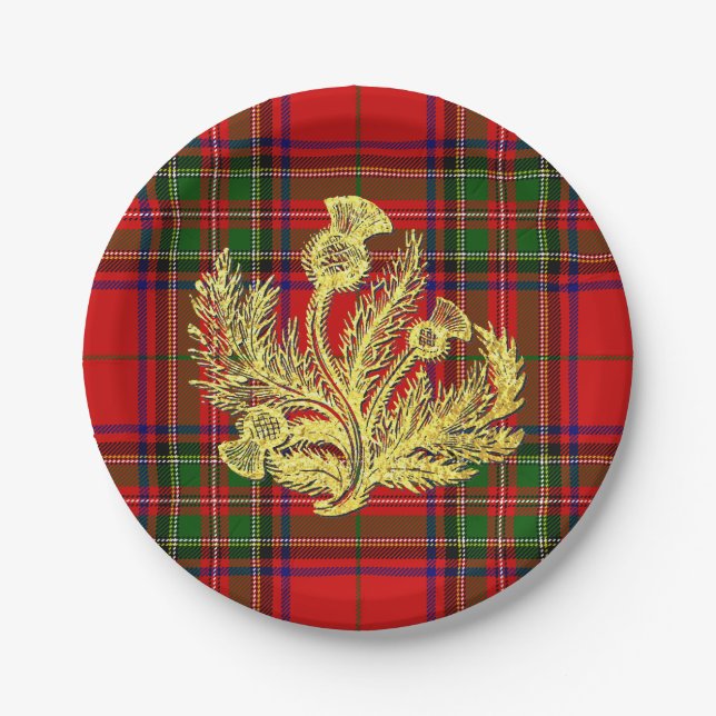 Gold Scottish Thistle on Plaid Paper Plate (Front)