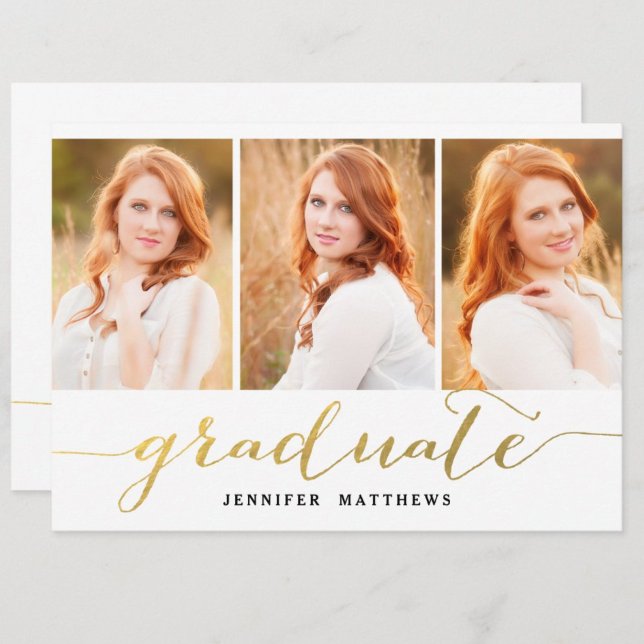 Gold Script 3 Photos Collage Graduation Party Invitation (Creator Uploaded)