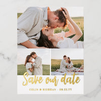 Gold Script 3 Photos Wedding Save Our Date