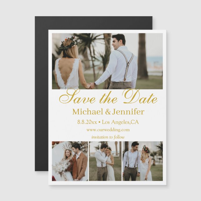 gold script 4 photos collage save the date magnet (Front/Back)